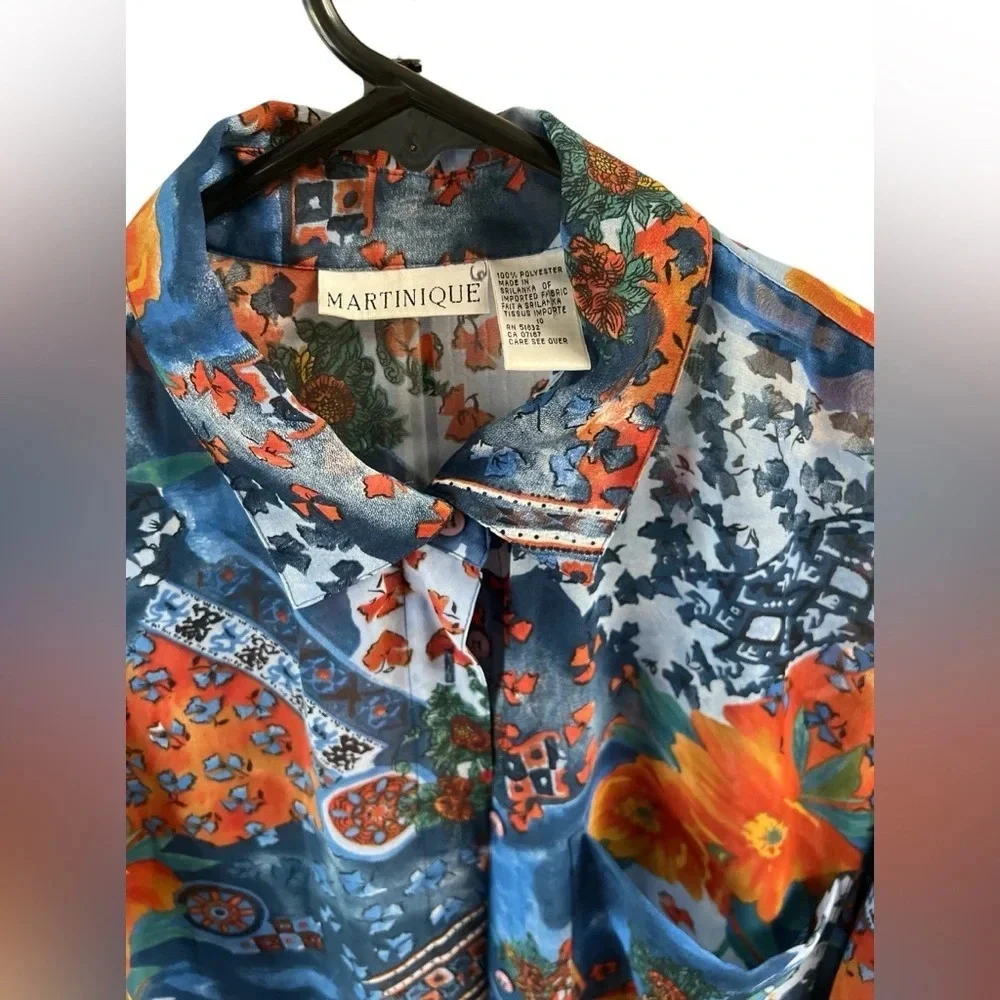 Vintage floral blue and orange Greece button up blouse